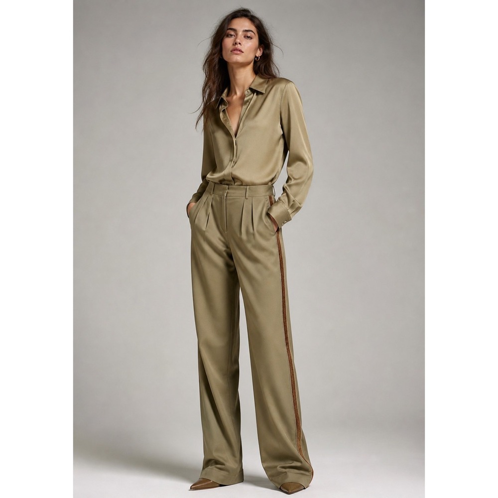 Valentino Trousers Virgin Wool Wide Leg Olive Tan Minimalist Designer Pants 12
